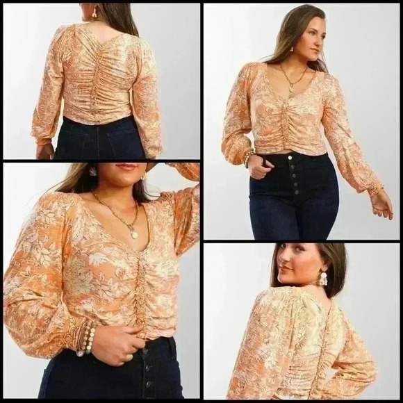 Free People Say The Word Ruched Long Sleeve Blood Orange Floral Boho Top Size XS - Picture 1 of 9